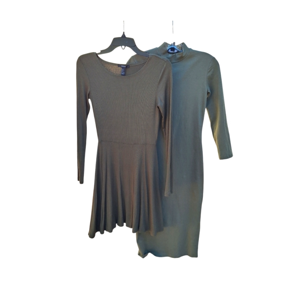 Forever 21 Mock Neck Dress Stretchy Bodycon Olive Jersey Babydoll Long Sleeve S